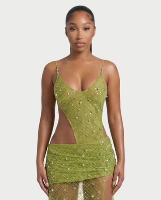 CARRINE Beaded Cutout Ruched Mesh Maxi Dress
