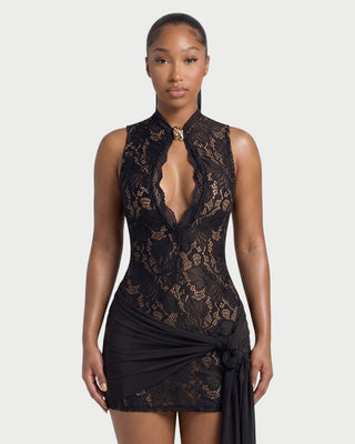 HALRY Lace Draped Side-Tie Mini Dress