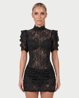 ODETTE Mock Neck Sheer Lace Bodycon Mini Dress