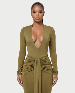 BILLY Plunging Neckline Long Sleeve Ruched Waist Maxi Dress