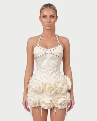 AVIRNA Satin Halter Corset Top & Rose Pearl Mini Skirt Set