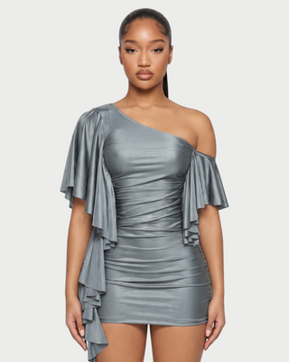 FARREN One-Shoulder Draped Sleeve Ruched Mini Dress