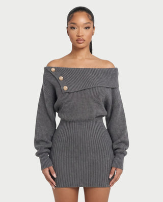 GIAVANNA Off-Shoulder Ribbed Knit Long Sleeve Mini Dress