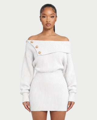 GIAVANNA Off-Shoulder Ribbed Knit Long Sleeve Mini Dress