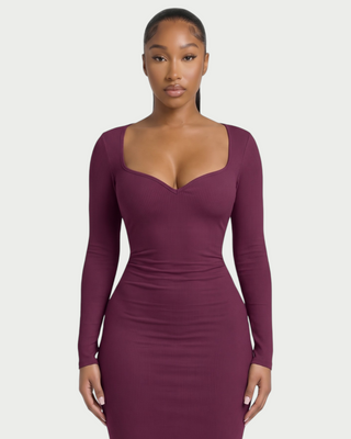 CORA Ribbed Knit Sweetheart Square Neck Midi Dress