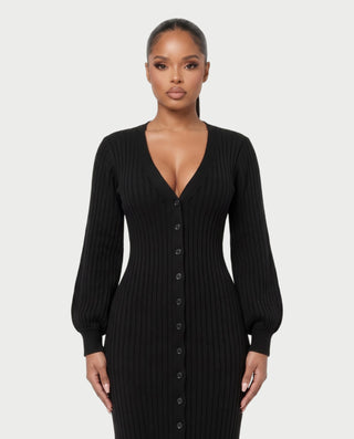 KIVA V-Neck Ribbed Knit Balloon Sleeve Maxi Dress
