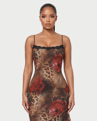 GIADA Floral Leopard Print Lace-Trim Ruffle Midi Dress