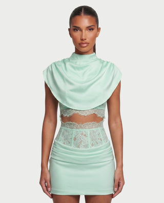 LESKA Draped Top Lace Mini & Skirt Set