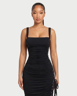 ARMALIA Ruched Lace-Up Side Bodycon Midi Dress