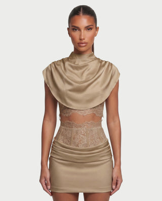 LESKA Draped Top Lace Mini & Skirt Set