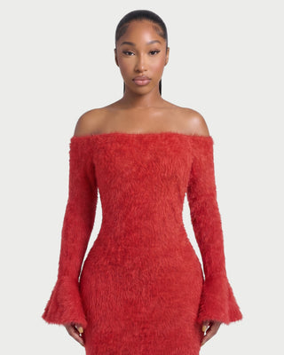 AVELLE Off-Shoulder Fuzzy Bell Sleeve Maxi Dress