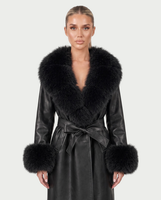 ZAMICA Faux Leather Faux Fur Collar Belted Trench Coat