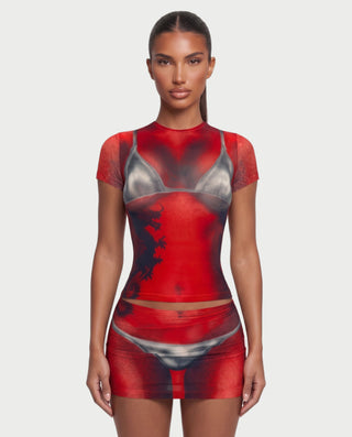 CHARLIZE Illusion Fitted Short Sleeve Top & Mini Skirt Set