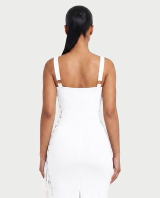 ARMALIA Ruched Lace-Up Side Bodycon Midi Dress