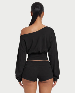 LIRABEL One-Shoulder Long Sleeve Top & Mini Shorts Set