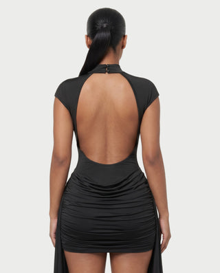 SHAZIA Mock Neck Ruched Drape Bodycon Mini Dress