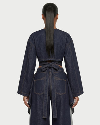 VERON Denim Cropped Wrap Top & Split-Panel Pants Set