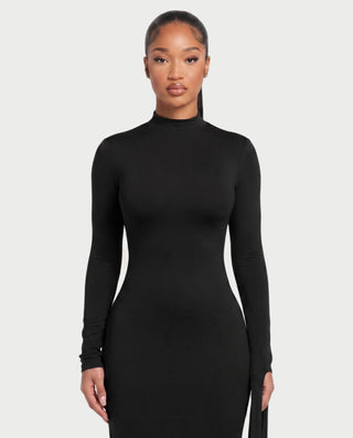 ALMERA Mock Neck Draped-Sleeve Bodycon Maxi Dress