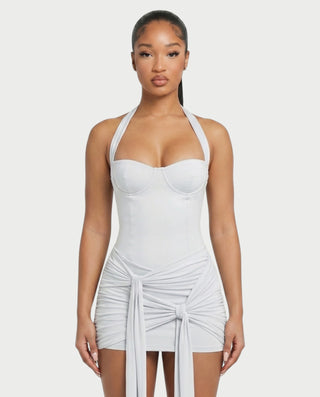 TONI Ruched Tie-Front Halter Bodycon Mini Dress