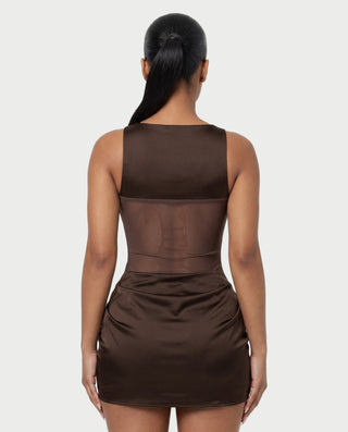 AVIGAIL Cowl Neck Sheer Mesh Draped Satin Mini Dress