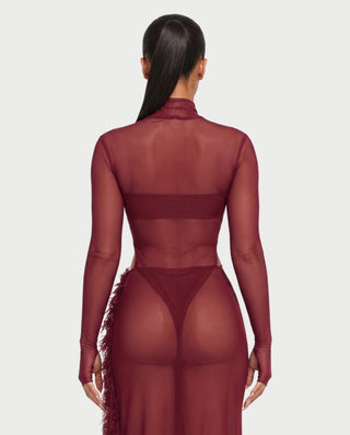 ZARVINA Sheer Mesh Mock Neck Bodysuit & Feather Skirt Set