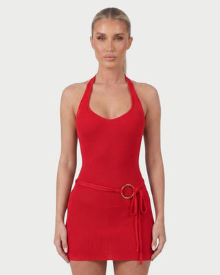 AVALON O-Ring Waist Tie Halter Mini Dress