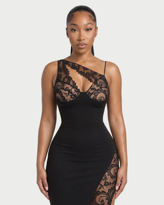 COLLINS Asymmetric Hem Lace Panel Maxi Dress