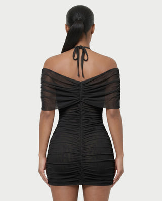 VANE Halter Neck Off-Shoulder Ruched Bodycon Mini Dress