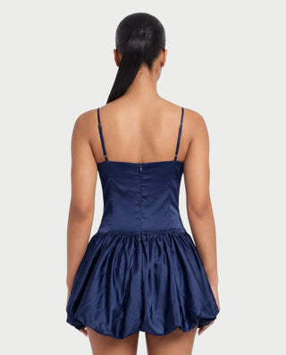 ADRIELA Satin Spaghetti Strap Drop Waist Bubble Mini Dress