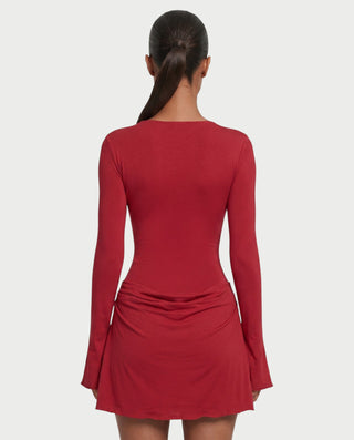 CASSANDRA Plunge Neck Long Sleeve Flared Mini Dress