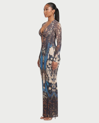 MARFINA Buckle Long-Sleeved Bodycon Maxi Dress