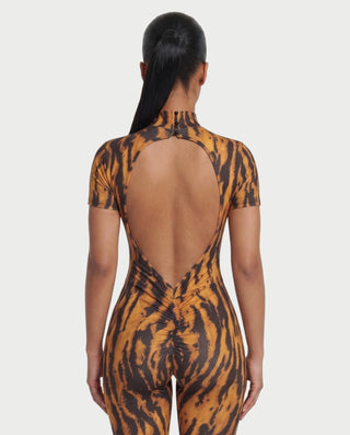 CAPRINA Tiger Print Mock Neck Open-Back Romper