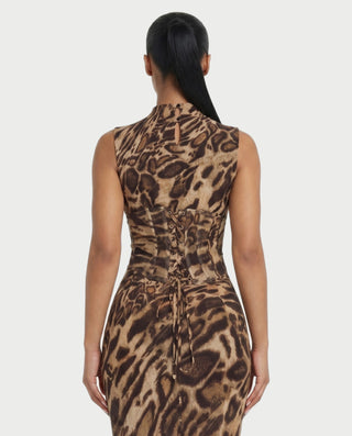VENESIA Leopard Print Lace-Up Corset Maxi Dress