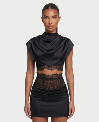 LESKA Draped Top Lace Mini & Skirt Set