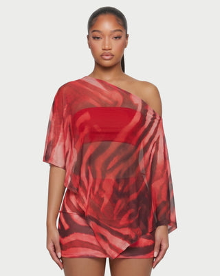 OVALINE Sheer Zebra Print One-Shoulder Top & Mini Skirt Set