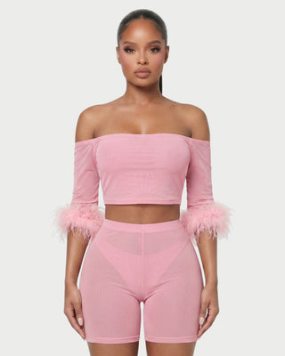 RAMIRA Faux Feather Trim Mesh Top & Shorts Set