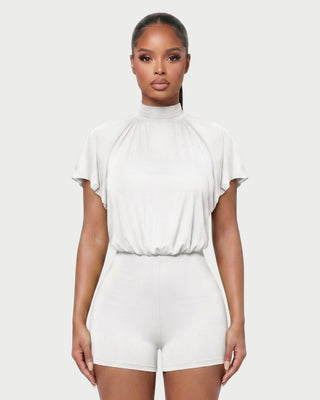 BERNICE Mock Neck Cape Sleeve Open-Back Romper