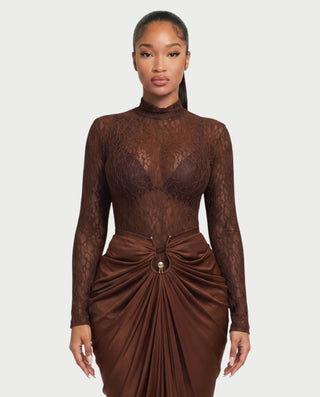 Vestido largo de encaje transparente con cuello alto SUNNA