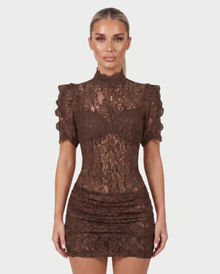 ODETTE Mock Neck Sheer Lace Bodycon Mini Dress