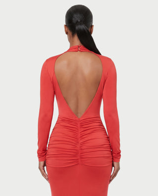 BILLY Plunging Neckline Long Sleeve Ruched Waist Maxi Dress