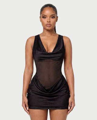 AVIGAIL Cowl Neck Sheer Mesh Draped Satin Mini Dress