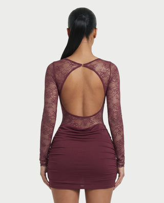 LAYLIE Long Sleeve Floral Lace Open Back Bodycon Mini Dress