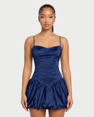 ADRIELA Satin Spaghetti Strap Drop Waist Bubble Mini Dress