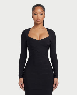 OTTILIA Sweetheart Neck Long Sleeve Bandage Bodycon Midi Dress