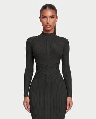 MEDDA Mock Neck Long Sleeve Ribbed Bodycon Wrap Midi Dress