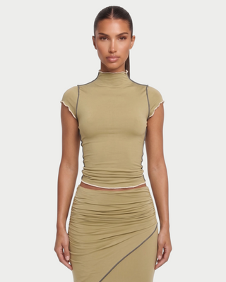 LUVENA Contrast Trim Ruched Two-Piece Maxi Skirt Set