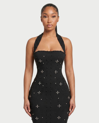 SHIVINA Beaded Halter Open-Back Bodycon Maxi Dress