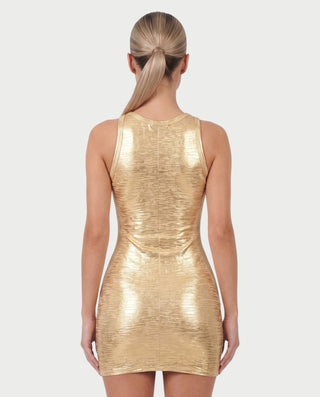 DAMIRA Metallic Pleated Deep V-Neck Bodycon Mini Dress