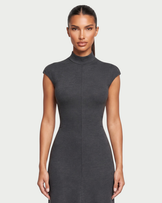 LERIE Mock Neck Cap Sleeve A-Line Midi Dress