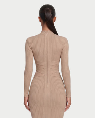 MEDDA Mock Neck Long Sleeve Ribbed Bodycon Wrap Midi Dress